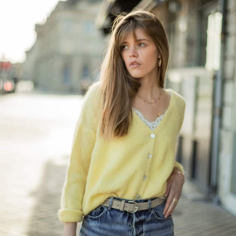 Gilet boutons nacre, en mohair, jaune citron - Perrine & Antoinette