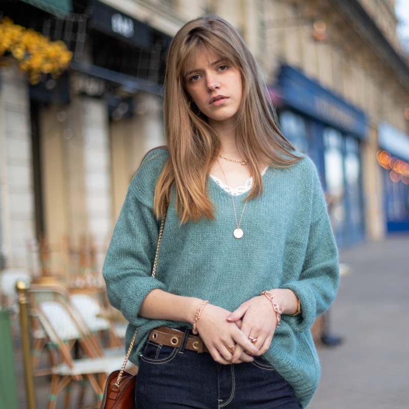 Pull col V en mohair, vert amande - Perrine & Antoinette