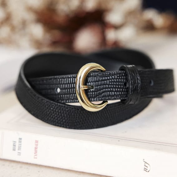 Ceinture noir en cuir boucle doree effet croco Perrine Antoinette