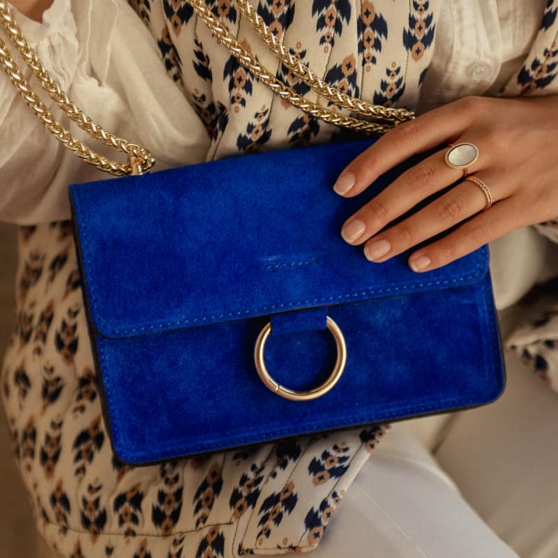 Sac à rabat avec anneau, 100% cuir, bleu électrique - Perrine & Antoinette